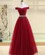 Burgundy Tulle Off Shoulder Long Formal Prom Dresses, Burgundy Formal Evening Dresses
