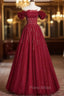 Burgundy Tulle Off the Shoulder Beading Pleats Formal Prom Dresses