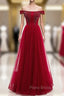Burgundy Tulle Off the Shoulder Beading Formal Prom Dresses