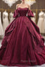 Burgundy Tulle Satin Puff Sleeve Formal Prom Dresses