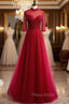 Burgundy Tulle Sequins Backless Short Sleeve Formal Prom Dresses