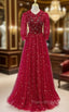 Burgundy Tulle Sequins Beading Short Sleeve Formal Prom Dresses