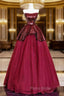 Burgundy Tulle Sequins Long Formal Prom Dresses, A-Line Strapless Evening Party Dresses