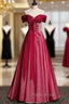 Burgundy Tulle Sequins Off the Shoulder Beading Pleats Formal Prom Dresses
