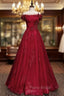Burgundy Tulle Sequins Off the Shoulder Pleats Formal Prom Dresses