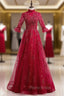 Burgundy Tulle Sequins Short Sleeve Beading Formal Prom Dresses