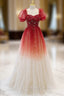 Burgundy Tulle Sequins Short Sleeve Square Beading Formal Prom Dresses