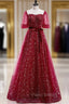 Burgundy Tulle Sequins Square Short Sleeve Formal Prom Dresses