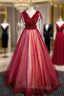 Burgundy Tulle Sequins V-neck Beading Formal Prom Dresses