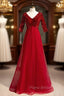 Burgundy Tulle Sequins V-neck Short Sleeve Formal Prom Dresses