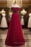 Burgundy Tulle Seuqins Beading Off the Shoulder Formal Prom Dresses