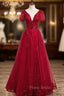 Burgundy Tulle Short Sleeve V-neck Beading Formal Prom Dresses