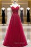 Burgundy Tulle Spagehtti Straps Beading Formal Prom Dresses