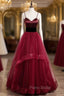 Burgundy Tulle Spaghetti Straps Backless Formal Prom Dresses