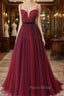 Burgundy Tulle Spaghetti Straps Beaded Formal Prom Dresses