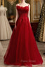Burgundy Tulle Spaghetti Straps Beading Long Formal Prom Dresses