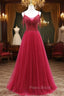 Burgundy Tulle Spaghetti Straps Beading Formal Prom Dressess