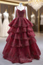 Burgundy Tulle Spaghetti Straps Beading Tiers Formal Prom Dresses