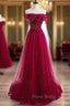 Burgundy Tulle Star Sequins Off the Shoulder Beading Formal Prom Dresses