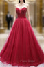 Burgundy Tulle Strapless Beading Formal Prom Dresses