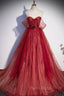 Burgundy Tulle Strapless Floor Length Formal Prom Dresses, A-Line Evening Graduation Dresses