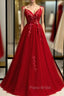 Burgundy Tulle V-neck Appliques Backless Formal Prom Dresses