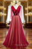 Burgundy Tulle V-neck Pleats Beading Formal Prom Dresses
