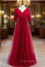 Burgundy Tulle V-neck Short Sleeve High Waist Formal Prom Dresses