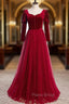 Burgundy Tulle Velvet Long Sleeve Square Long Formal Prom Dresses