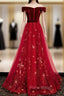 Burgundy Tulle Velvet Off the Shoulder Formal Prom Dresses