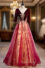 Burgundy Tulle Velvet Sequins V-neck Short Sleeve Formal Prom Dresses