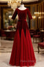 Burgundy Tulle Velvet Short Sleeve Formal Prom Dresses