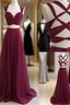 Burgundy Two Pieces Long Formal Prom Dresses, Burgundy Evening Dresses