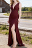 Burgundy V Neck Chiffon Bridesmaid Dress Long Prom Dress With Pleated Split