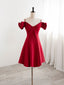 Burgundy V Neck Satin Short Formal Prom Dresses, Burgundy Homecoming Dresses