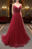 Burgundy V-Neck Tulle Long Formal Prom Dresses, A-Line Backless Evening Party Dresses