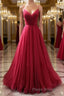 Burgundy v neck tulle long Formal Prom dress, burgundy tulle formal dress