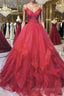 Burgundy v neck tulle long Formal Prom dress tulle formal dress