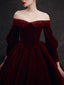 Burgundy Velvet Beads Long Formal Prom Dresses, Burgundy Prom Dresses