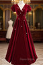 Burgundy Velvet Deep V-neck Short Sleeve Formal Prom Dresses