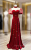 Burgundy Velvet High Neck Puff Sleeve Formal Prom Dresses