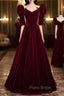 Burgundy Velvet Long Evening Party Dresses, A-Line Short Sleeve Formal Prom Dresses