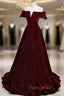 Burgundy Velvet Long Formal Prom Dresses, A-Line Off the Shoulder Evening Dresses