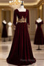 Burgundy Velvet Long Sleeve Appliques Square Formal Prom Dresses