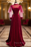 Burgundy Velvet Long Sleeve High Neck Backless Formal Prom Dresses