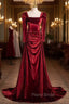 Burgundy Velvet Long Sleeve Pleats Square Formal Prom Dresses