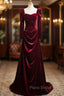 Burgundy Velvet Long Sleeve Square Neck Pleats Formal Prom Dresses