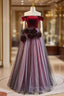 Burgundy Velvet Off the Shoulder Flower Formal Prom Dresses