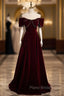 Burgundy Velvet Off the Shoulder Pearls Formal Prom Dresses