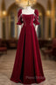 Burgundy Velvet Puff Sleeve Pearls Formal Prom Dresses